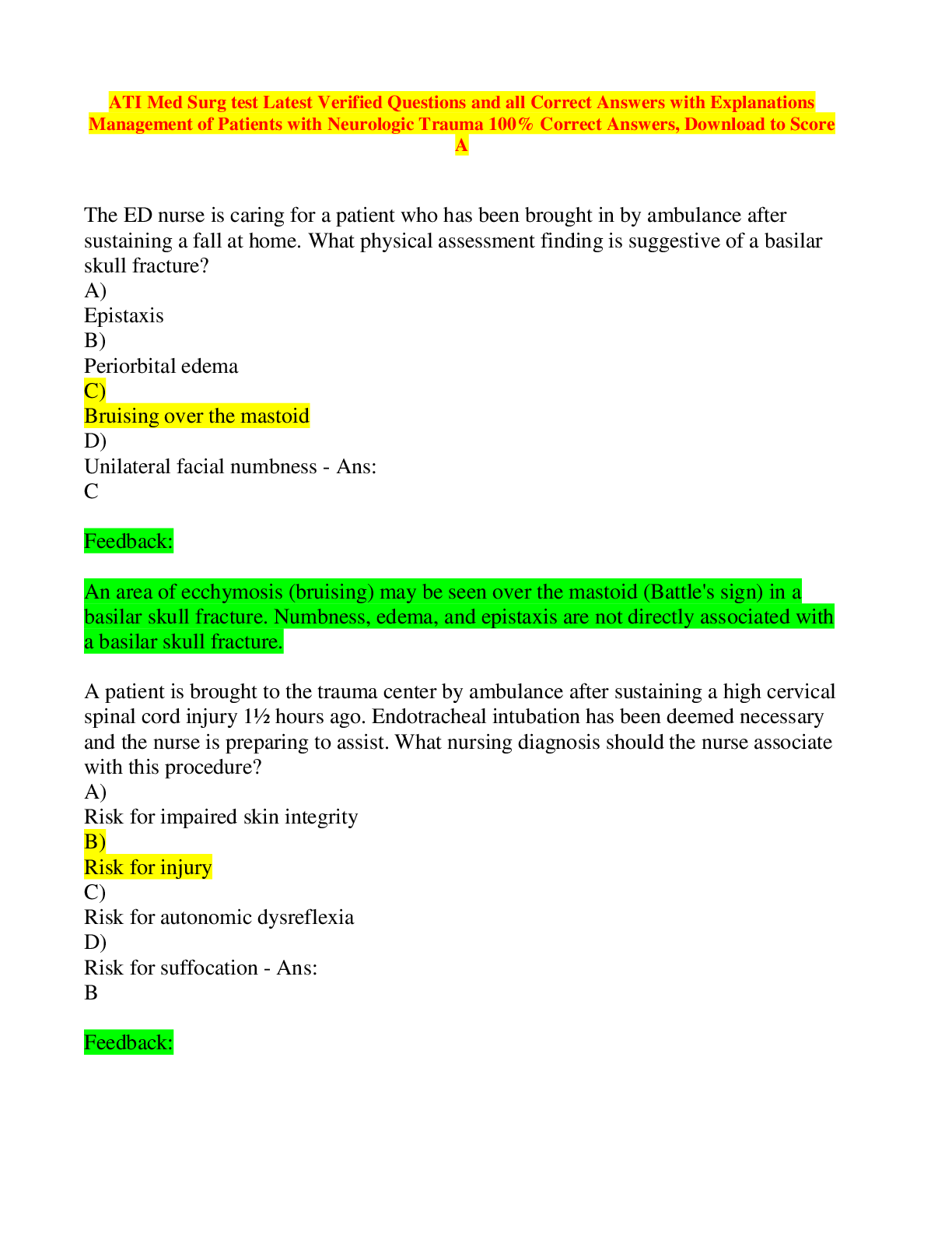 Preview image for ATI Med Surg test Latest Verified Questions and all Correct Answers with Explanations Management of Patients with Neurologic Trauma 100% Correct Answers, Download to Score A
